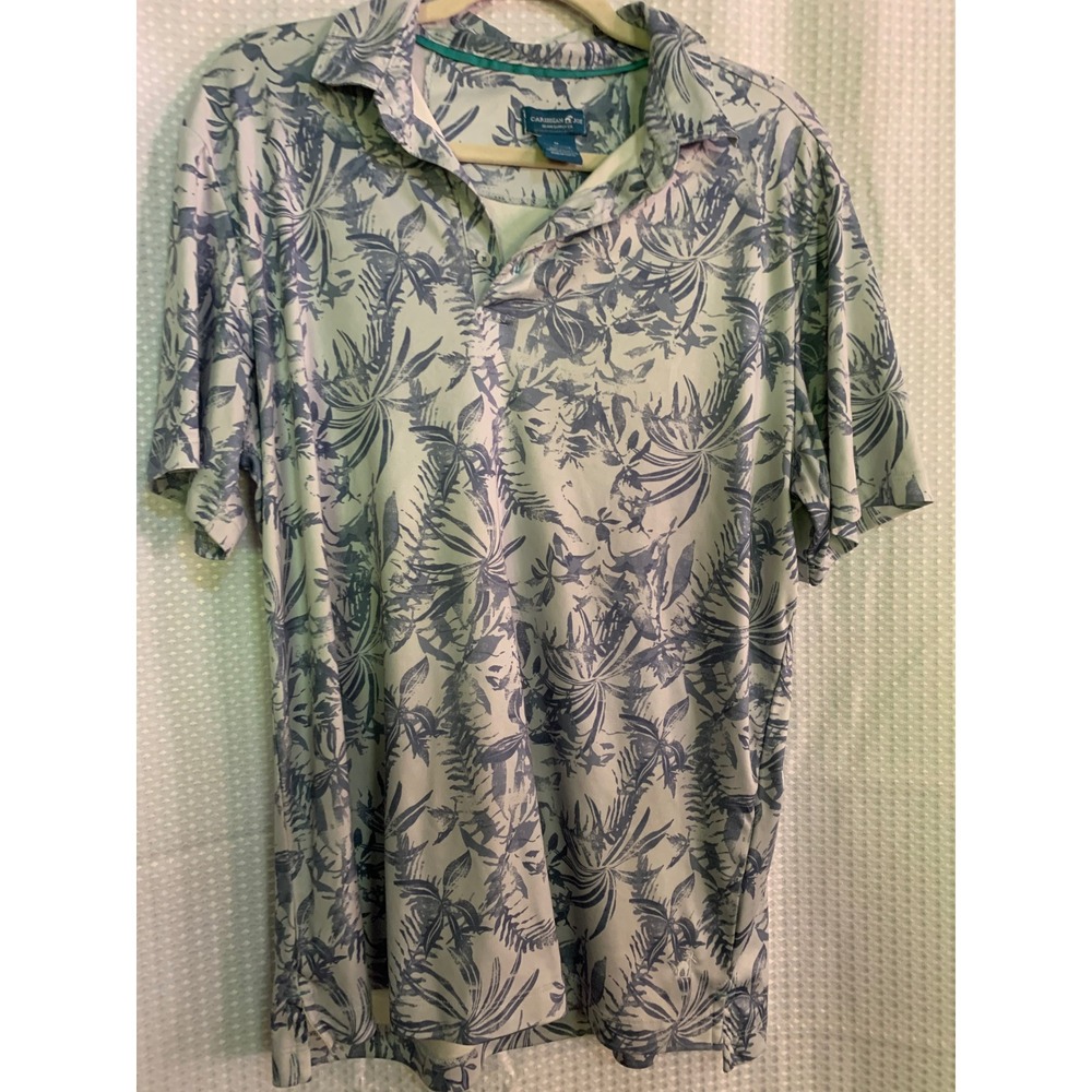 Caribbean Joe Mens Tropical Palm Print Polo Shirt Blue Green Short Sleeve Size M